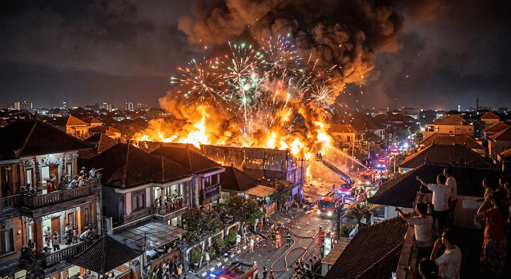 Blazing Bali Warehouse Fire Triggers Fireworks Explosion Over Residential Rooftops Blazing Bali Warehouse Fire Triggers Fireworks Explosion Over Residential Rooftops