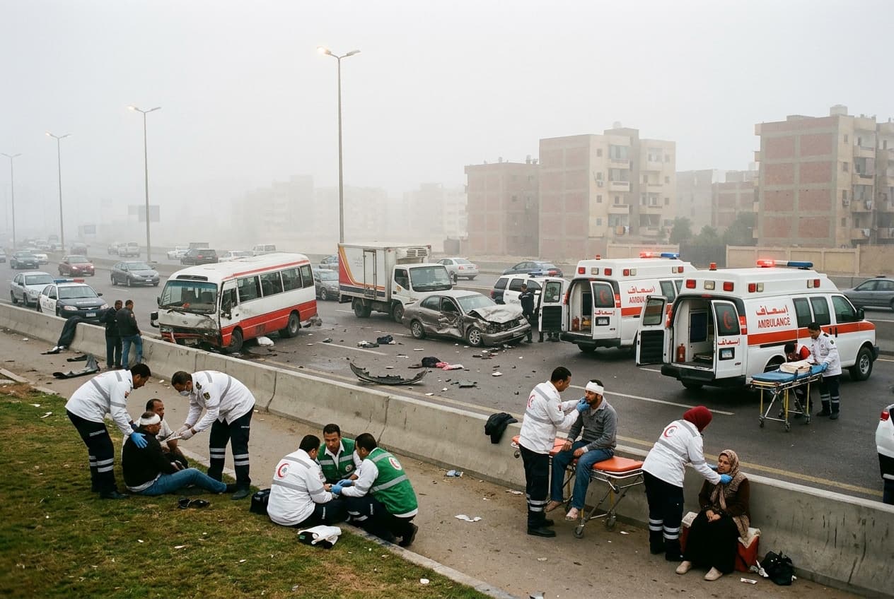 Fog Blinds Cairo Highway: Multi-Vehicle Pileup Claims 5 Lives, Injures 18, Emergency Teams Overwhelmed Fog Blinds Cairo Highway: Multi-Vehicle Pileup Claims 5 Lives, Injures 18, Emergency Teams Overwhelmed
