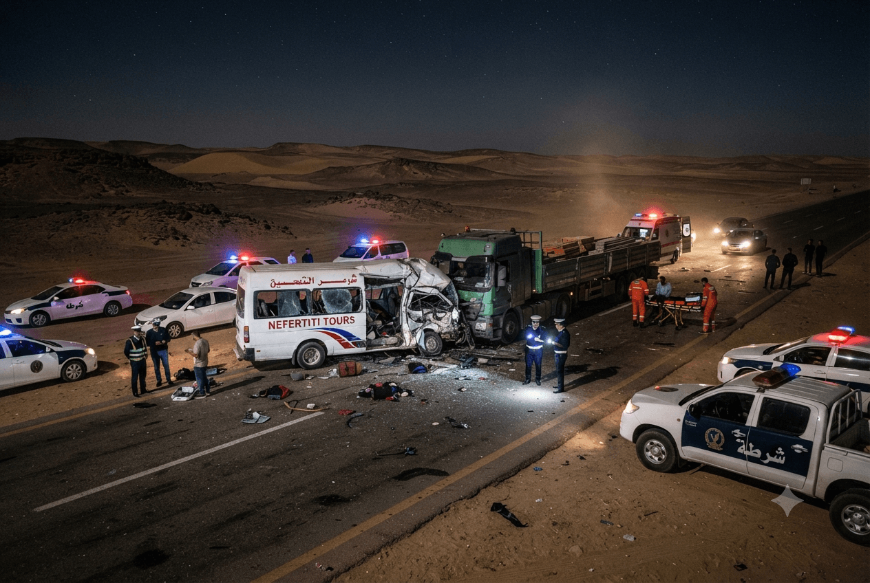 Desert Highway Collision: Cairo Tourist Bus Crash Leaves Three Foreign Nationals Dead and Nine Injured Desert Highway Collision: Cairo Tourist Bus Crash Leaves Three Foreign Nationals Dead and Nine Injured