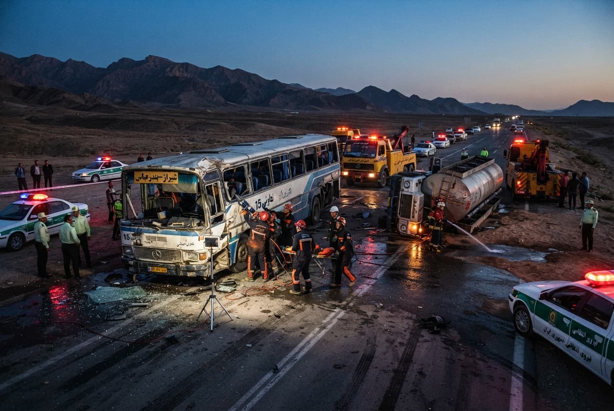 Fars Road Tragedy: Fuel Tanker and Intercity Bus Crash Claims Seven Lives on Rural Route Fars Road Tragedy: Fuel Tanker and Intercity Bus Crash Claims Seven Lives on Rural Route
