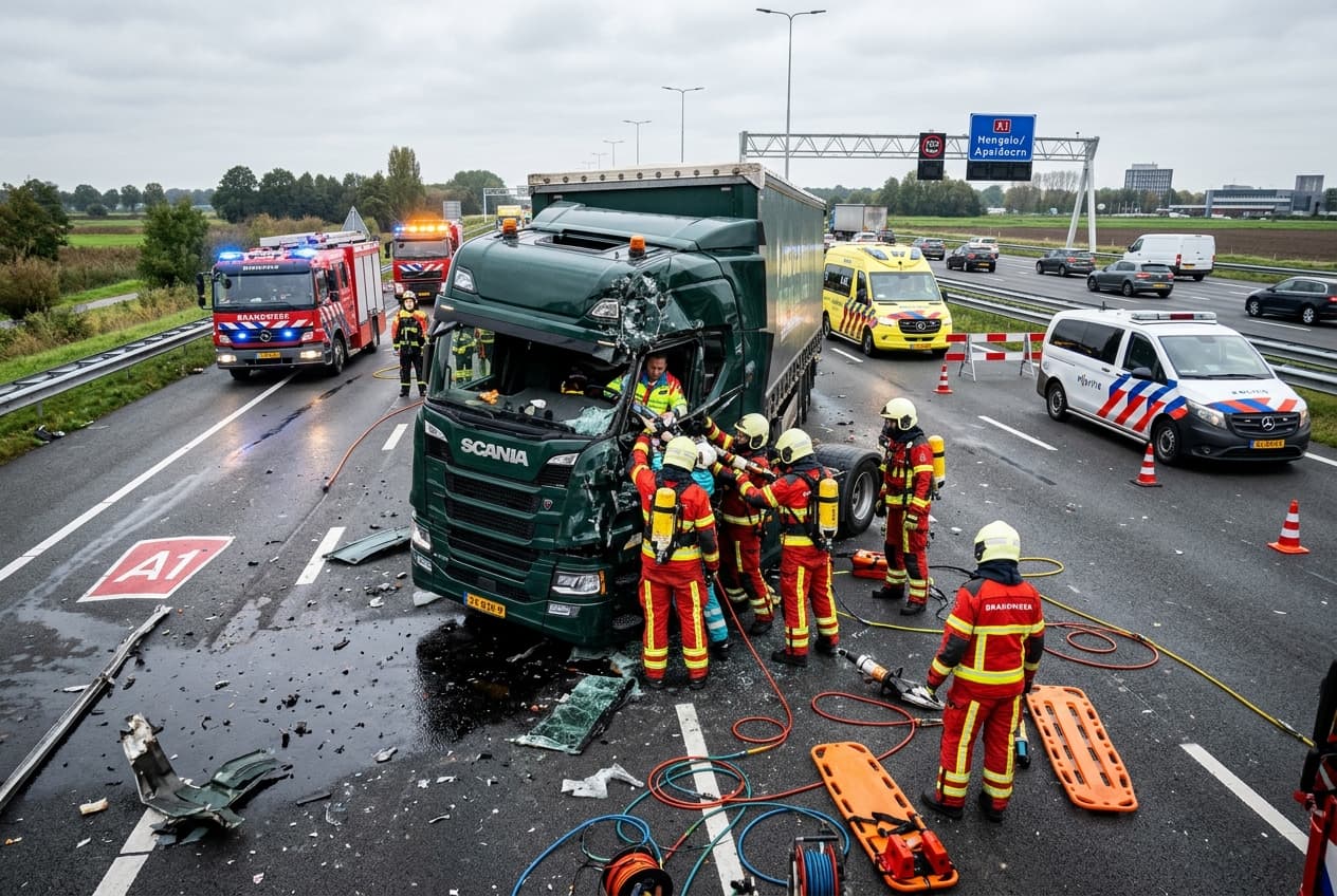 Lorry Flips on A1 Motorway: Overturned Freight Truck Injures Driver, Causes Traffic Disruption, Lanes Closed Lorry Flips on A1 Motorway: Overturned Freight Truck Injures Driver, Causes Traffic Disruption, Lanes Closed