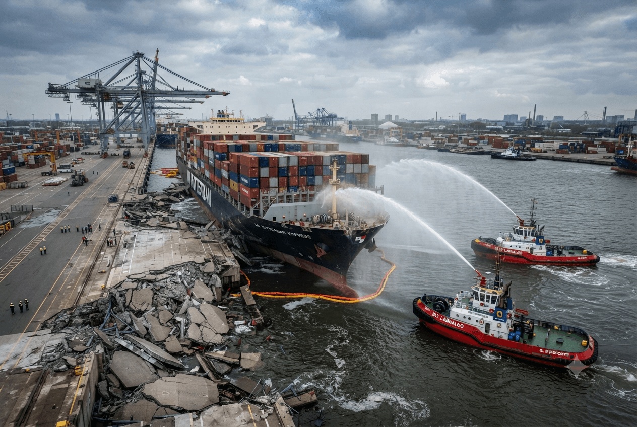 Cargo Ship Crash: Port Operations Halted Completely After Container Vessel Rams Main Pier Structure Cargo Ship Crash: Port Operations Halted Completely After Container Vessel Rams Main Pier Structure