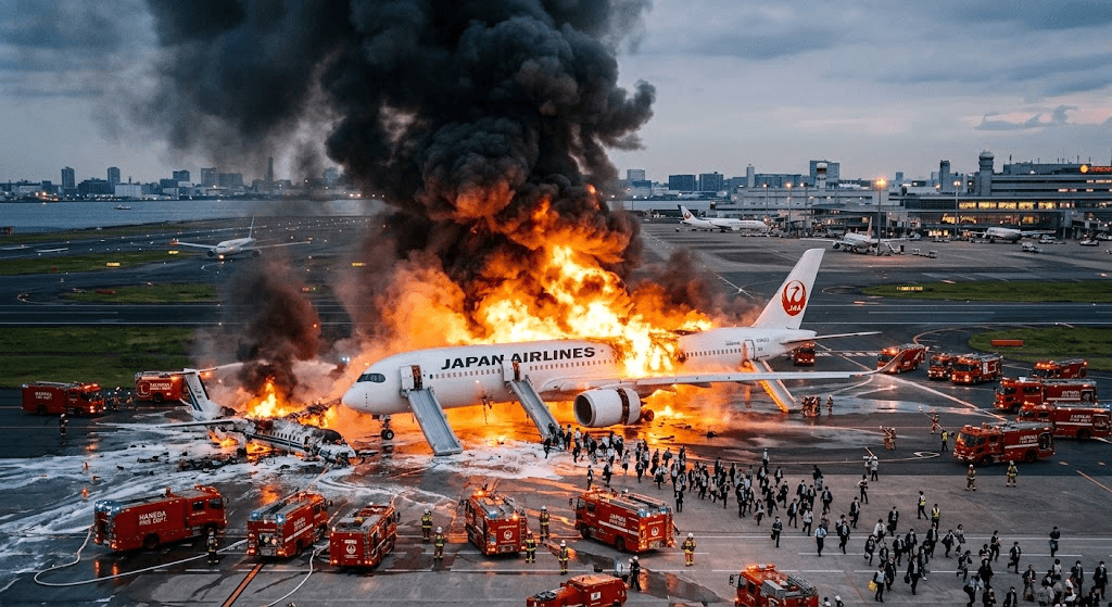 Inferno at Haneda: Japan Airlines Plane Bursts into Flames After Runway Collision Inferno at Haneda: Japan Airlines Plane Bursts into Flames After Runway Collision