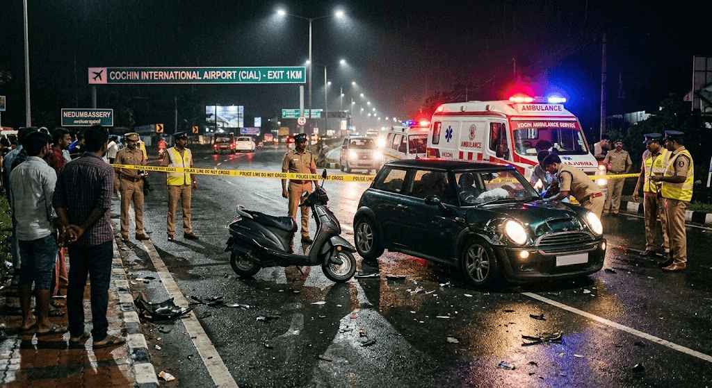 Fatal Crash in Kochi: 3 Dead as High-Speed Mini Cooper Rams Scooter Near Airport Fatal Crash in Kochi: 3 Dead as High-Speed Mini Cooper Rams Scooter Near Airport