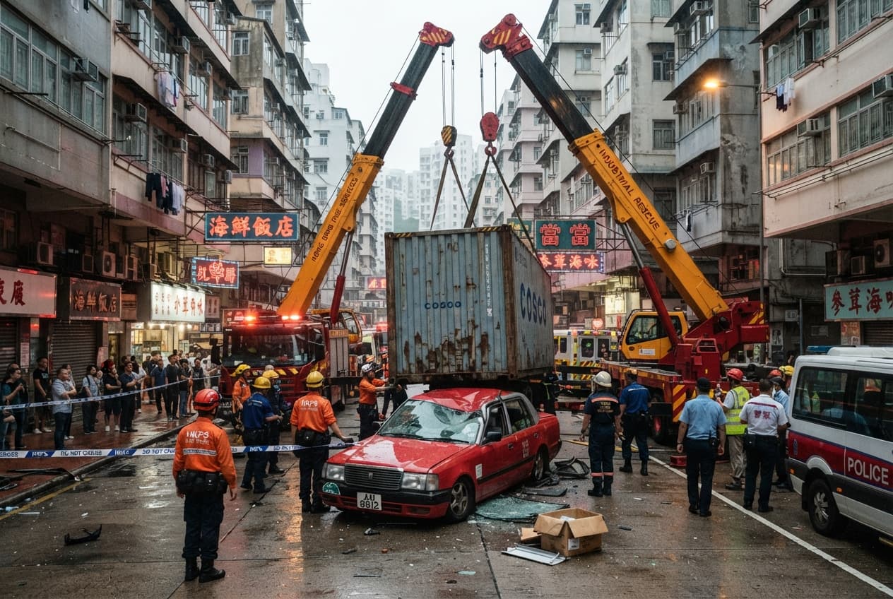 Container Truck Crash Tragedies: Overturned Rig Crushes Taxi and Leaves Two Dead in Hong Kong Container Truck Crash Tragedies: Overturned Rig Crushes Taxi and Leaves Two Dead in Hong Kong