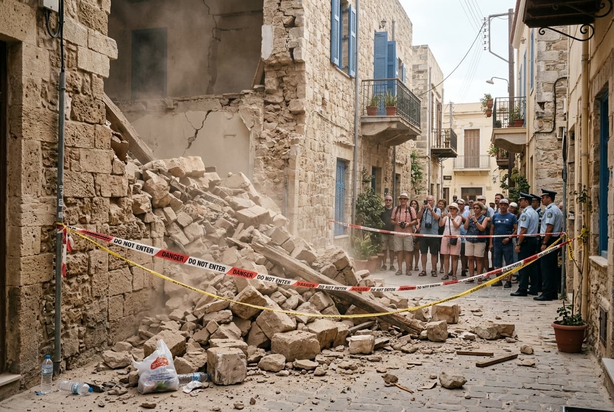 Crete Hit By Sudden Earth Tremor, Wall Collapses, Two Injured, Buildings Sway, Emergency Teams Inspect Damage Crete Hit By Sudden Earth Tremor, Wall Collapses, Two Injured, Buildings Sway, Emergency Teams Inspect Damage