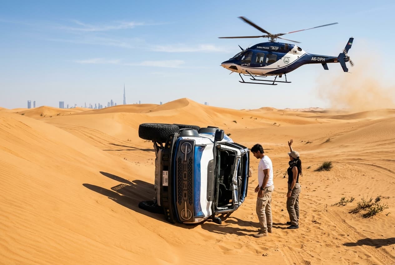 Desert Rollover Near Dubai, One Dead After Off Road Vehicle Flips, Passenger Critically Injured Desert Rollover Near Dubai, One Dead After Off Road Vehicle Flips, Passenger Critically Injured