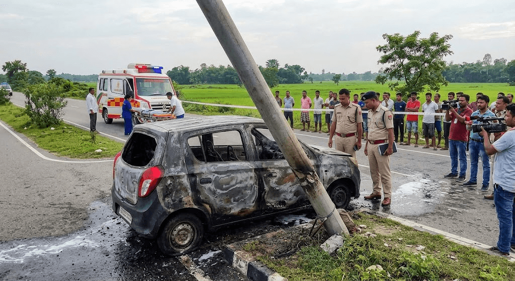 Tragedy in Nagaon: 3 Dead, 2 Critical as Car Bursts into Flames After Hitting Pole Tragedy in Nagaon: 3 Dead, 2 Critical as Car Bursts into Flames After Hitting Pole