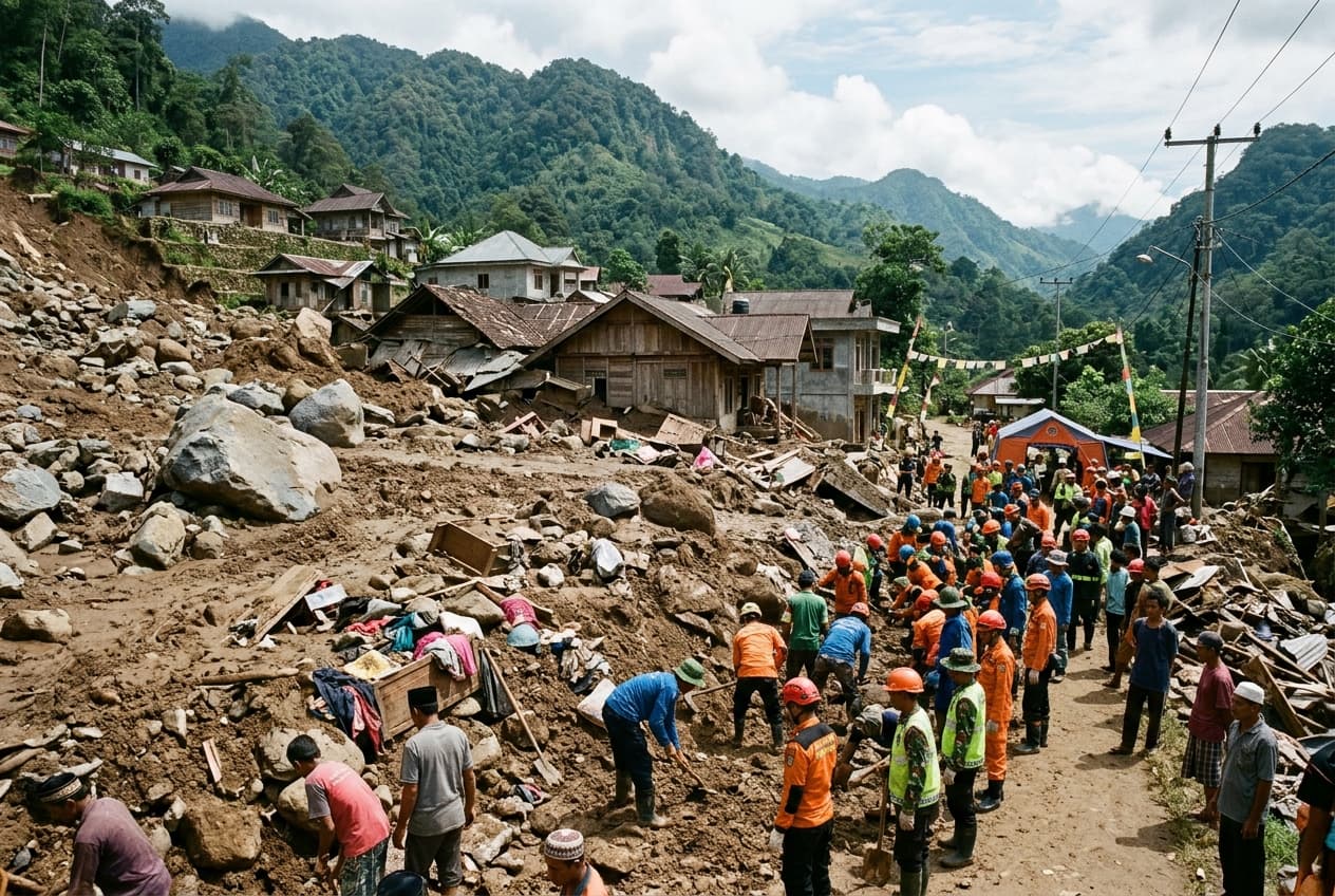 Landslides Destroy Mountain Village In Sumatra, Five Dead, Homes Buried, Rescue Teams Climb Through Mud Landslides Destroy Mountain Village In Sumatra, Five Dead, Homes Buried, Rescue Teams Climb Through Mud