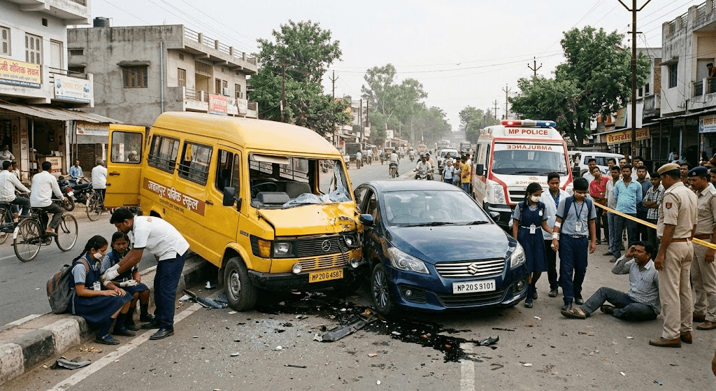 School Van Crash in Jabalpur: Speeding Car Collides with Student Vehicle, Several Injured School Van Crash in Jabalpur: Speeding Car Collides with Student Vehicle, Several Injured