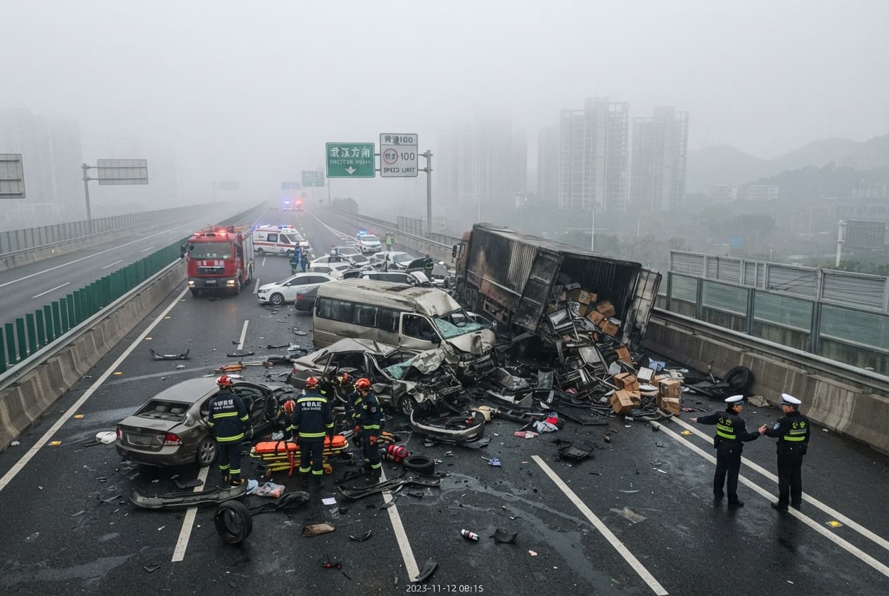 Highway Pileup, China: Heavy Fog Triggers Massive Multi-Vehicle Crash, Resulting in Six Fatalities Highway Pileup, China: Heavy Fog Triggers Massive Multi-Vehicle Crash, Resulting in Six Fatalities