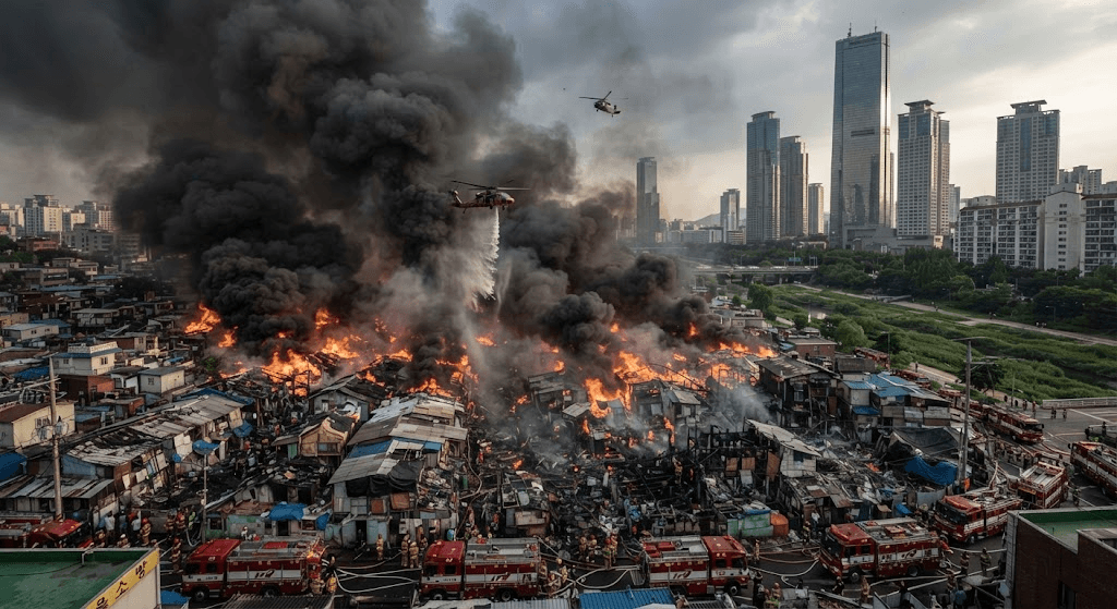Disaster in Seoul: Devastating Fire Sweeps Through Guryong Village Shantytown Disaster in Seoul: Devastating Fire Sweeps Through Guryong Village Shantytown