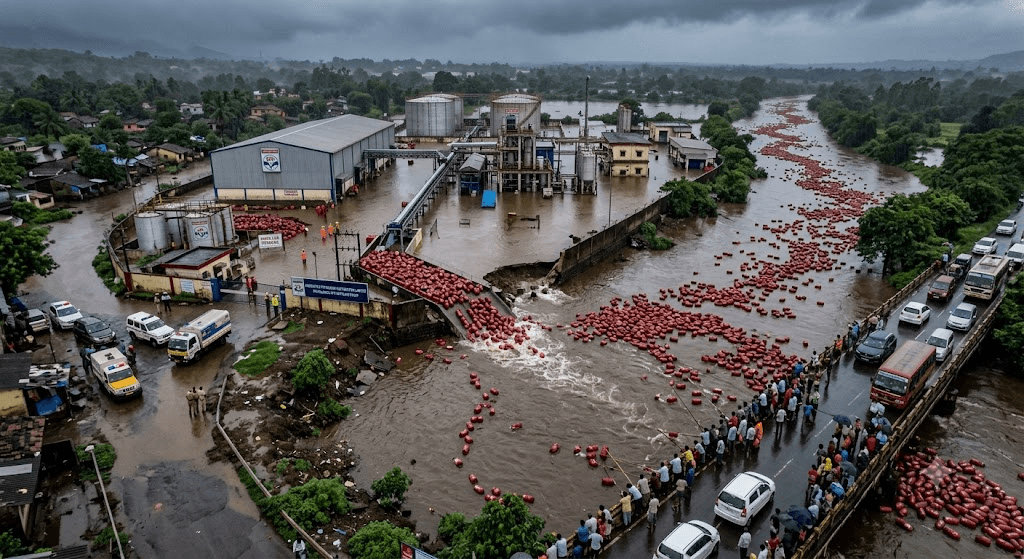 Industrial Chaos: Over 3,000 LPG Cylinders Swept Away in Massive Maharashtra Plant Flood Industrial Chaos: Over 3,000 LPG Cylinders Swept Away in Massive Maharashtra Plant Flood