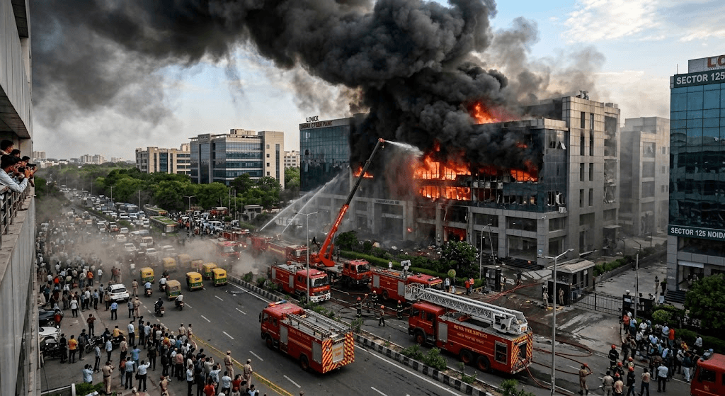 Massive Fire Rips Through Noida's Sector 125: 1 Dead as Flames Gut Several Shops Massive Fire Rips Through Noida's Sector 125: 1 Dead as Flames Gut Several Shops