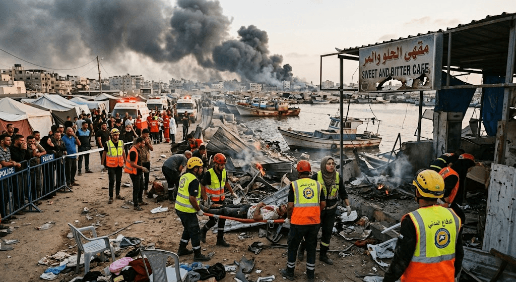 Flames at the Port: Israeli Missiles Hit Gaza Cafe, Killing 6 After Ceasefire Talks Collapse Flames at the Port: Israeli Missiles Hit Gaza Cafe, Killing 6 After Ceasefire Talks Collapse
