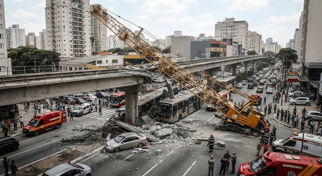 Disaster in Brazil: Train Smashes into Fallen Construction Crane, Sending Debris onto City Street Disaster in Brazil: Train Smashes into Fallen Construction Crane, Sending Debris onto City Street