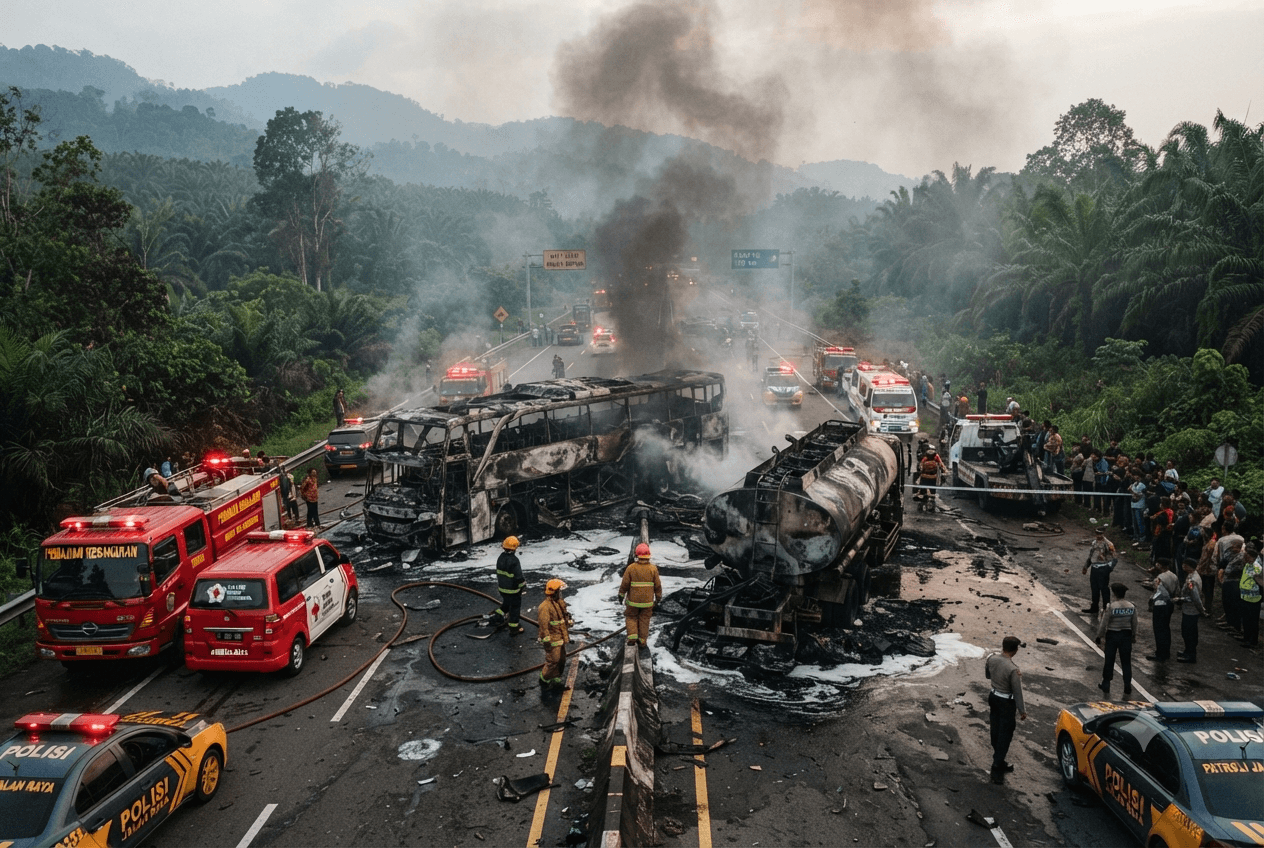 Deadly Highway Crash Occurs: Fuel Tanker Explosion And Bus Collision Leave Sixteen Dead In Indonesia Deadly Highway Crash Occurs: Fuel Tanker Explosion And Bus Collision Leave Sixteen Dead In Indonesia