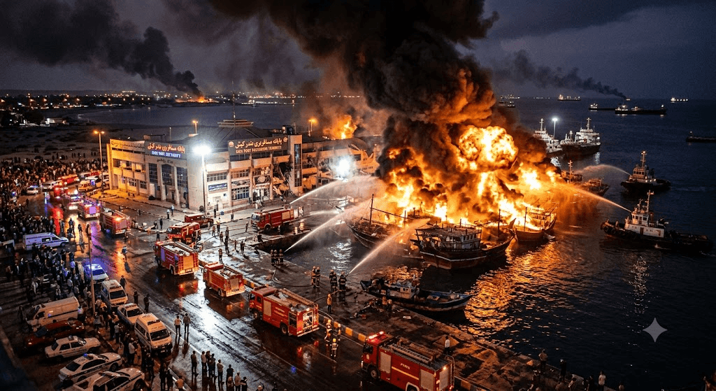 Harbor Inferno: Moored Boats Erupt in Flames on Iran's Kish Island Harbor Inferno: Moored Boats Erupt in Flames on Iran's Kish Island