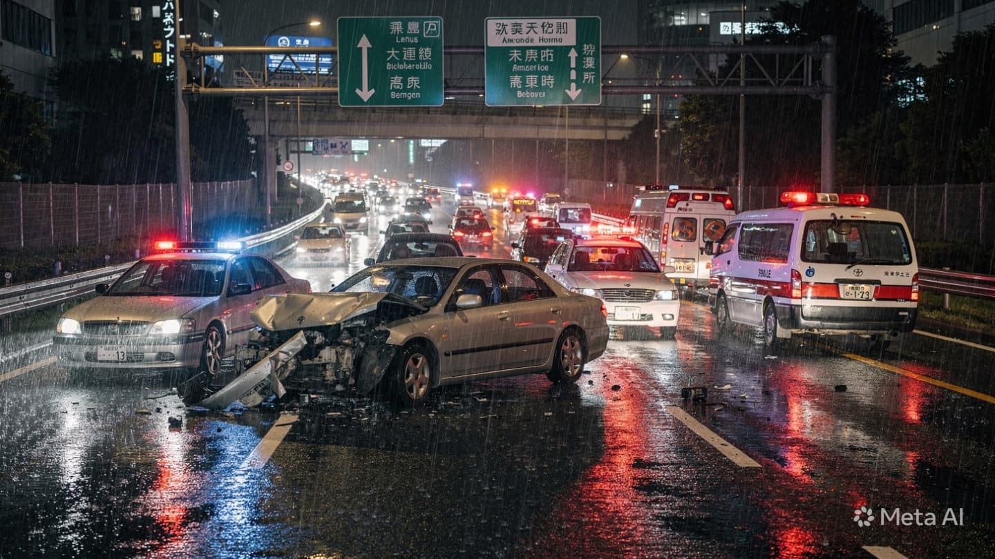 Slick Conditions In Osaka: Two Motorists Injured Following Serious Multi-Vehicle Pileup During Rainstorm Slick Conditions In Osaka: Two Motorists Injured Following Serious Multi-Vehicle Pileup During Rainstorm