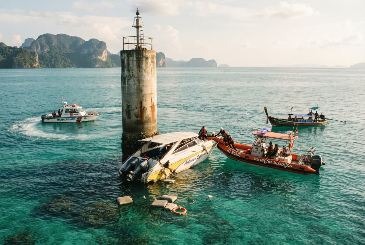 Andaman Sea Crash: Tourist Speedboat Hits Coral Reef Marker, Killing One Passenger Andaman Sea Crash: Tourist Speedboat Hits Coral Reef Marker, Killing One Passenger