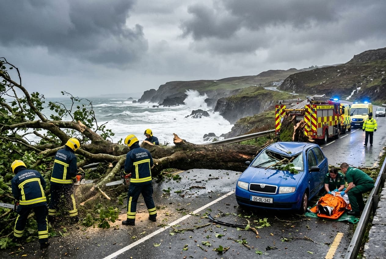 Storm Horror in Donegal: Coastal Gusts Blow Tree onto Car, Driver Injured, Emergency Crews Battle High Winds Storm Horror in Donegal: Coastal Gusts Blow Tree onto Car, Driver Injured, Emergency Crews Battle High Winds