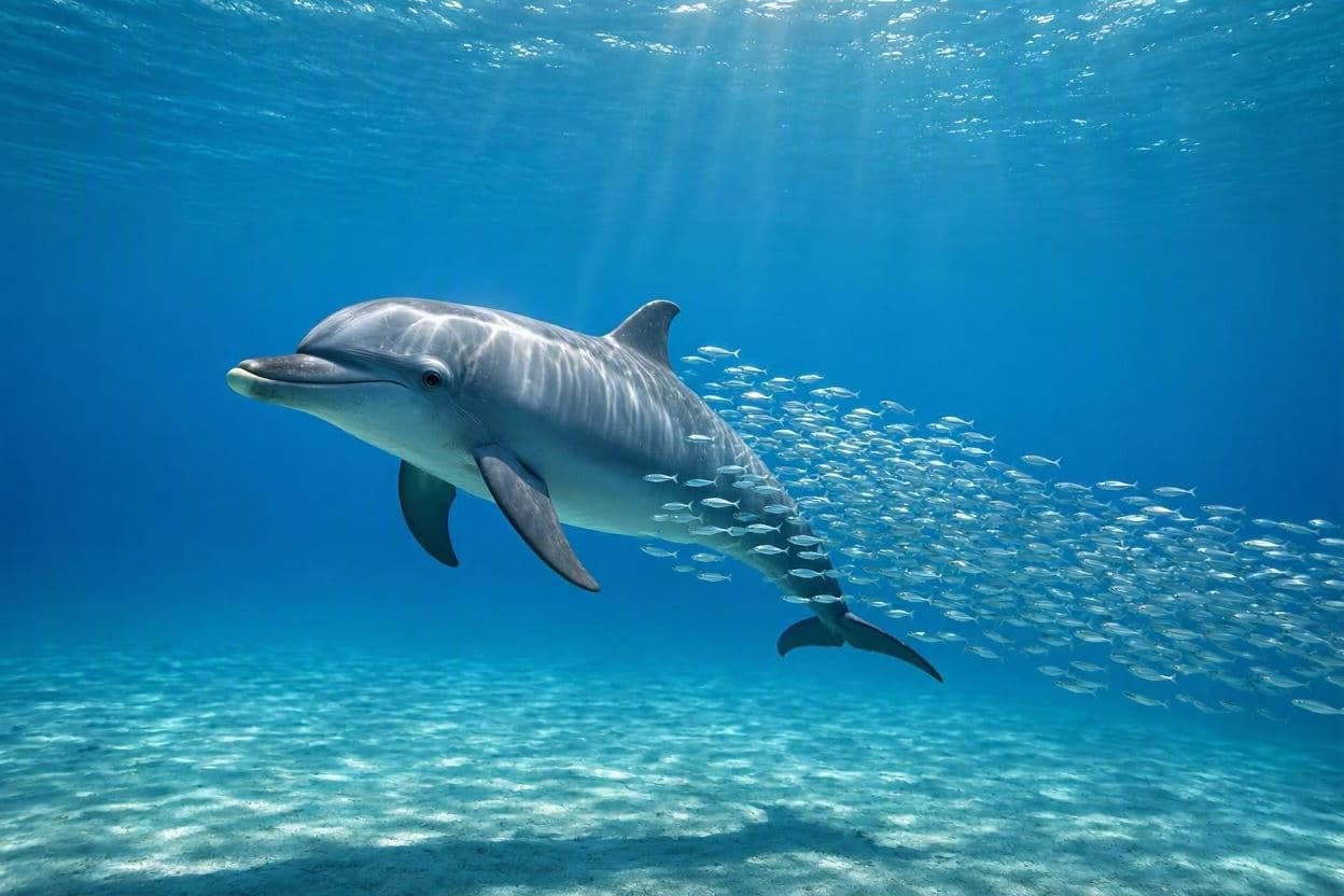 Bubbles the dolphin steals meals by chasing fish until they vomit Bubbles the dolphin steals meals by chasing fish until they vomit