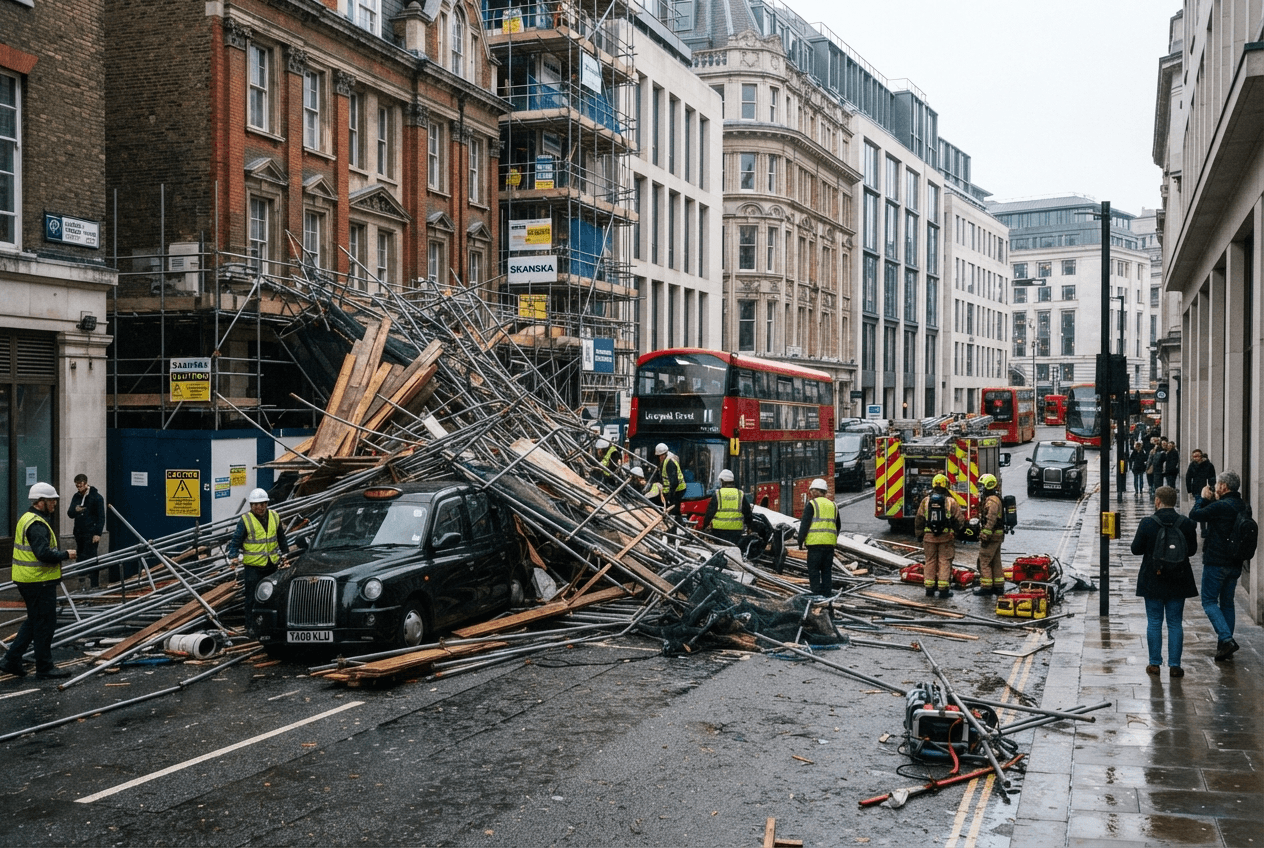 Industrial Scaffolding Collapse: Five Workers Injured When Construction Platform Plummets at Urban Site Industrial Scaffolding Collapse: Five Workers Injured When Construction Platform Plummets at Urban Site