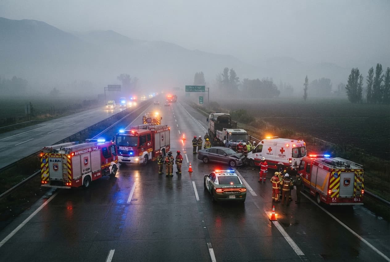 Two Dead and Multiple Injuries Reported Following Multi-Vehicle Pileup on Fog-Covered Highway South of Santiago Two Dead and Multiple Injuries Reported Following Multi-Vehicle Pileup on Fog-Covered Highway South of Santiago