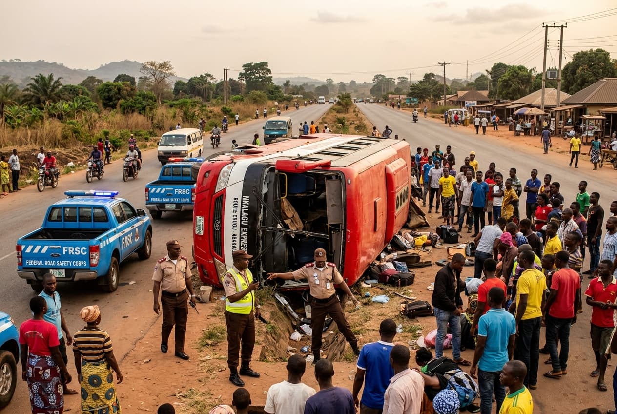 Five Dead in Nkalagu Bus Accident: Twelve Hurt on Enugu-Abakaliki Federal Highway, Rescue Teams Rush Five Dead in Nkalagu Bus Accident: Twelve Hurt on Enugu-Abakaliki Federal Highway, Rescue Teams Rush