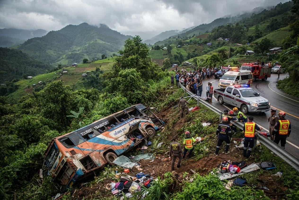 Mountain Pass Disaster: Foreign Tourist Bus Flips Over Due To Brake Failure Causing Three Deaths Mountain Pass Disaster: Foreign Tourist Bus Flips Over Due To Brake Failure Causing Three Deaths