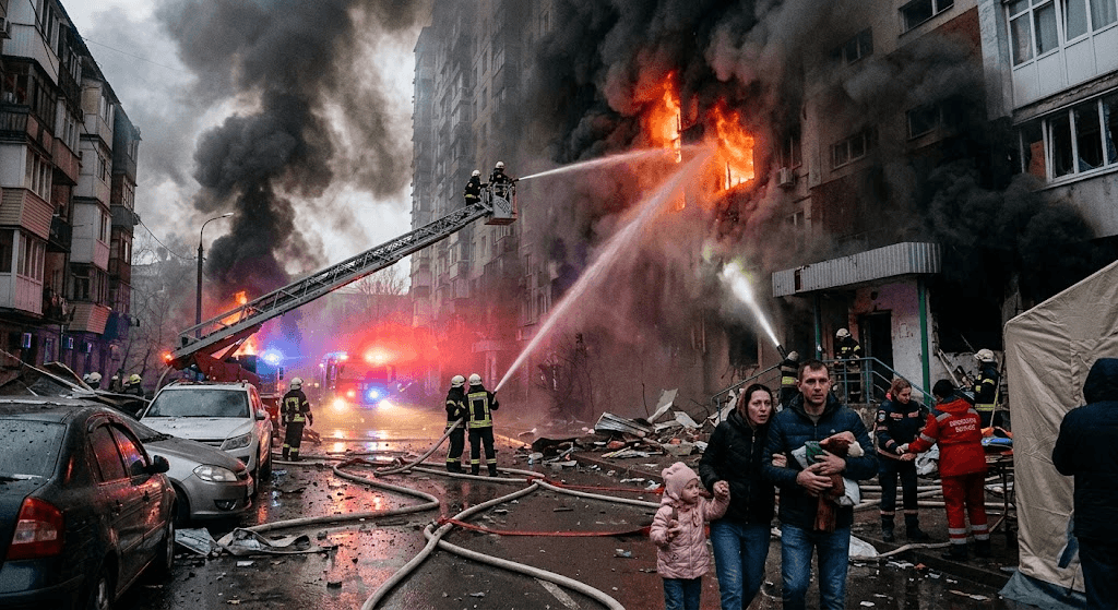 Night of Terror in Kyiv: Russian Attack Leaves 3 Injured and Sparks Blazes Across Capital Night of Terror in Kyiv: Russian Attack Leaves 3 Injured and Sparks Blazes Across Capital
