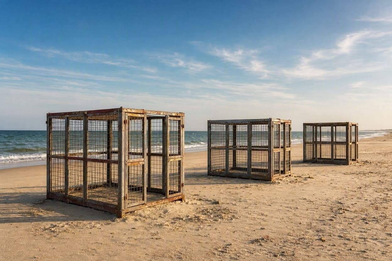 Storms wash three empty salmon pens onto Bruny Island shore Storms wash three empty salmon pens onto Bruny Island shore