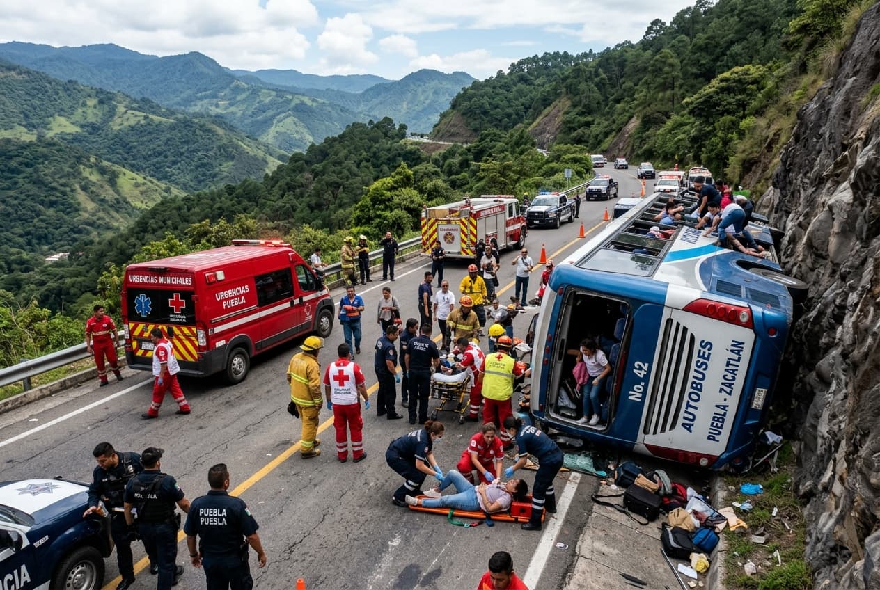 Puebla Mountain Road, Commuter Bus Overturns On Curve, Fourteen Passengers Hurt, Driver Detained Puebla Mountain Road, Commuter Bus Overturns On Curve, Fourteen Passengers Hurt, Driver Detained