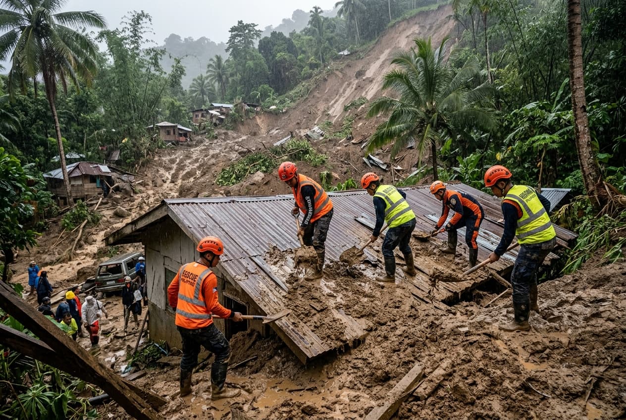 Heavy Rain Triggers Fatal Landslide In Central Philippines, Burying Homes Under Tons Of Mud Heavy Rain Triggers Fatal Landslide In Central Philippines, Burying Homes Under Tons Of Mud