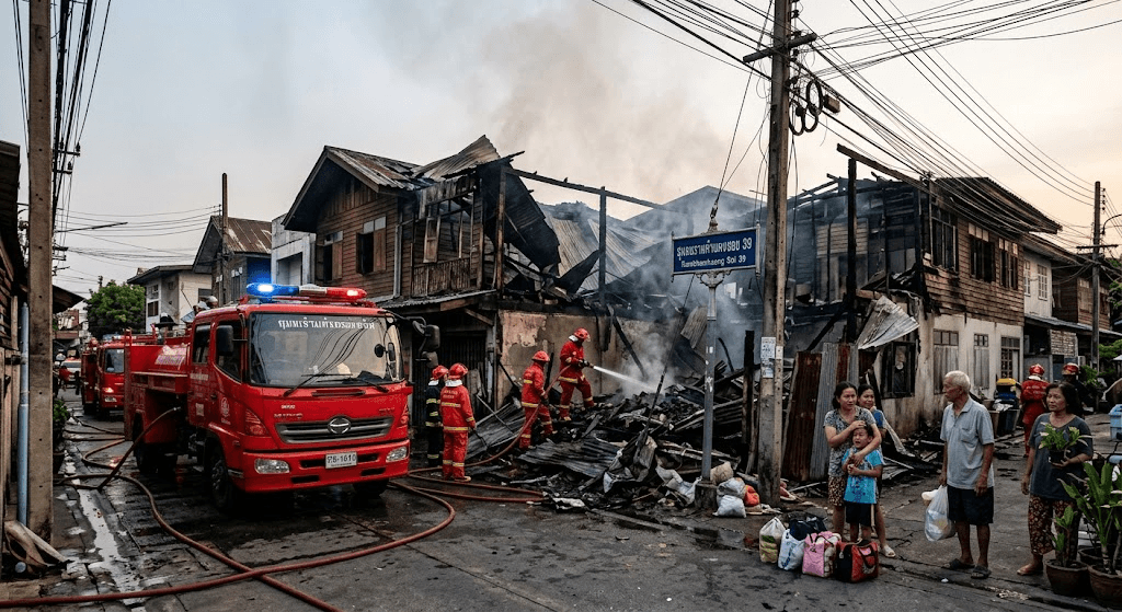 Ravaging Inferno: Fire Destroys 8 Homes in Ramkhamhaeng, Displacing Dozens Ravaging Inferno: Fire Destroys 8 Homes in Ramkhamhaeng, Displacing Dozens