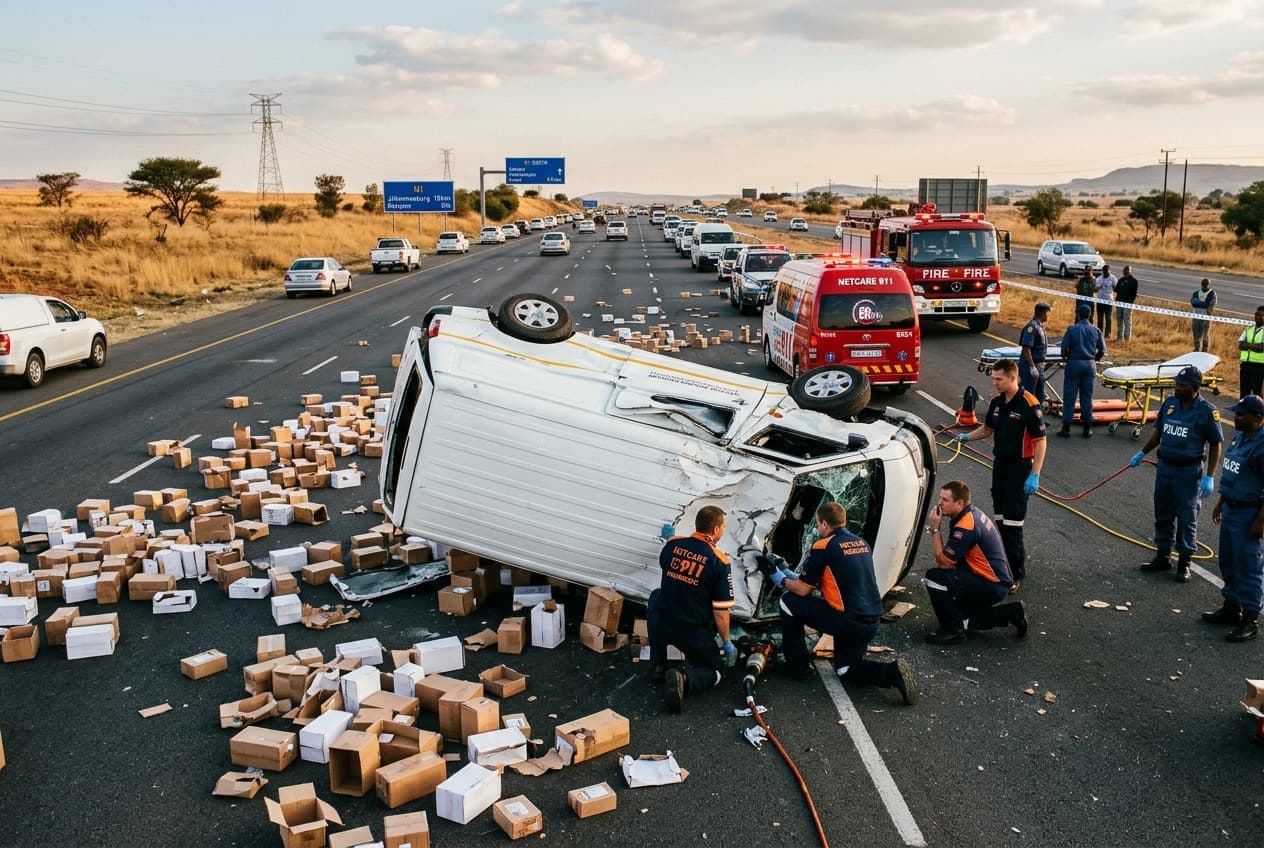 Morning Delivery Ends in Crash: Van Overturns on Busy Arterial, Driver Critically Injured, Traffic Blocked Morning Delivery Ends in Crash: Van Overturns on Busy Arterial, Driver Critically Injured, Traffic Blocked