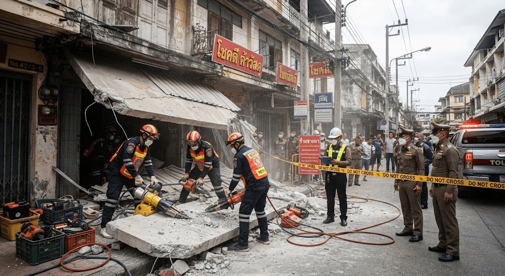 Terrifying Collapse: Concrete Awning Falls at Din Daeng Shophouses, Trapping Residents Terrifying Collapse: Concrete Awning Falls at Din Daeng Shophouses, Trapping Residents