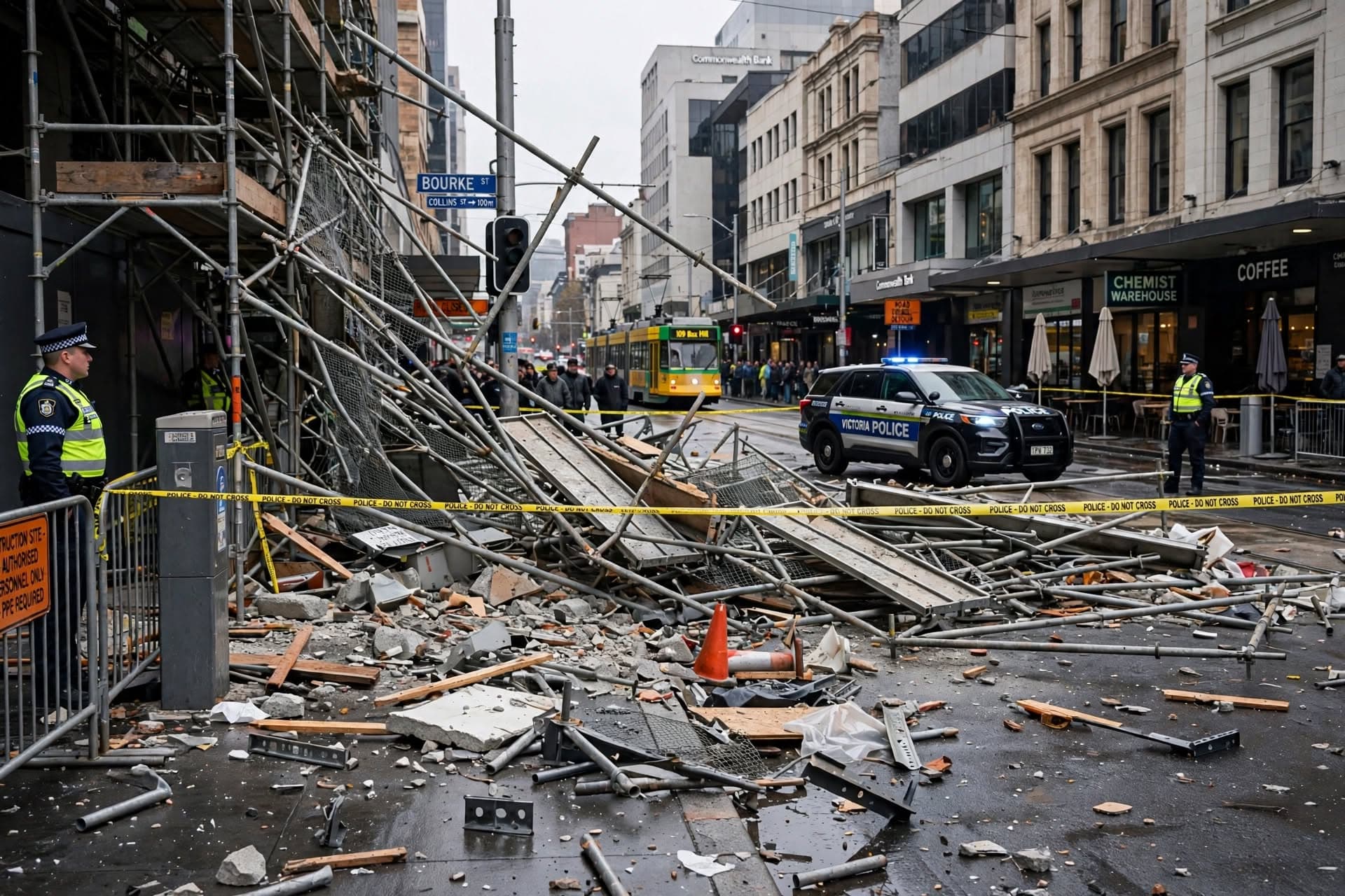 Three Pedestrians Hurt After Construction Scaffolding Crashes Down On Busy Melbourne City Street Three Pedestrians Hurt After Construction Scaffolding Crashes Down On Busy Melbourne City Street