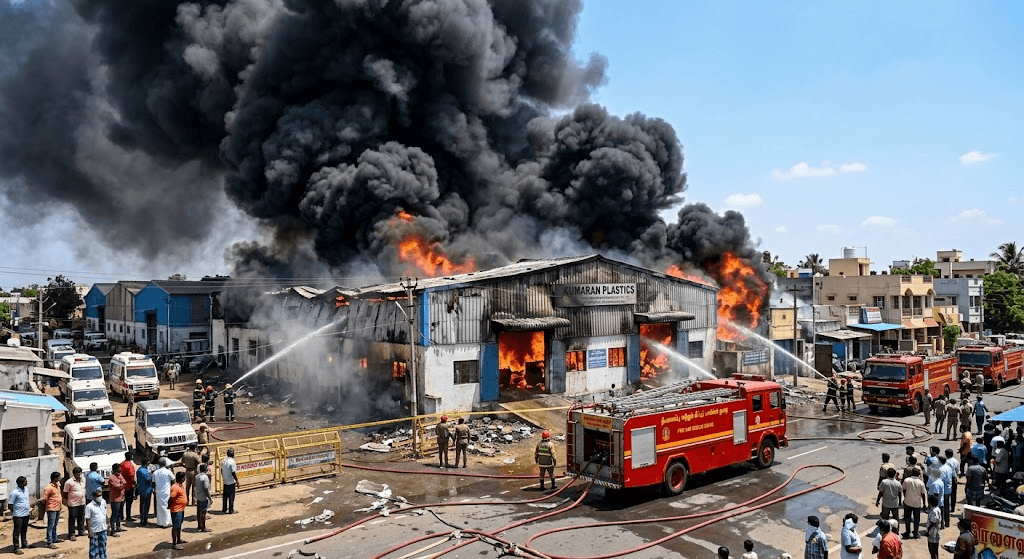 Toxic Smoke Billows Over Tiruchirappalli: Major Fire Engulfs Plastic Warehouse Toxic Smoke Billows Over Tiruchirappalli: Major Fire Engulfs Plastic Warehouse