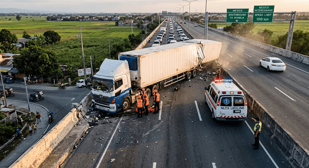 NLEX Chaos: 18-Wheeler Crashes Into Mexico, Pampanga Bridge Railing After Sudden Swerve NLEX Chaos: 18-Wheeler Crashes Into Mexico, Pampanga Bridge Railing After Sudden Swerve