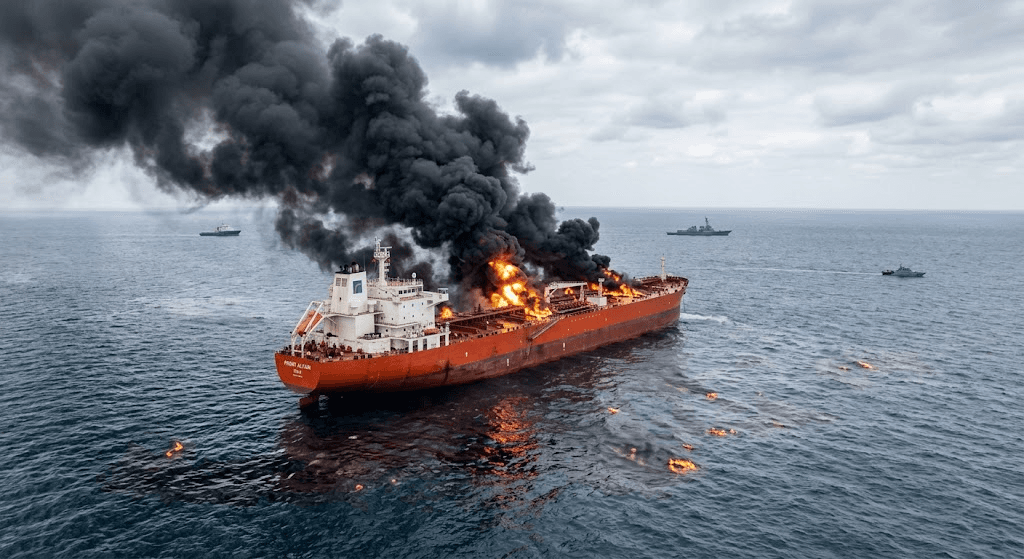 Gulf of Oman Incident: Tanker Bursts Into Flames Attempting to Cross Restricted Zone Gulf of Oman Incident: Tanker Bursts Into Flames Attempting to Cross Restricted Zone