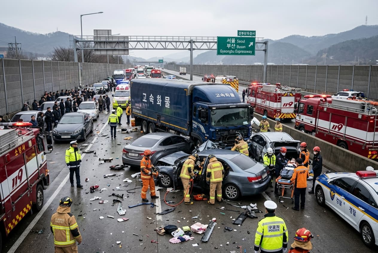 Cargo Truck Slams Into Cars On Gyeongbu Expressway, Kills Three, Injures Eight In Pileup Cargo Truck Slams Into Cars On Gyeongbu Expressway, Kills Three, Injures Eight In Pileup