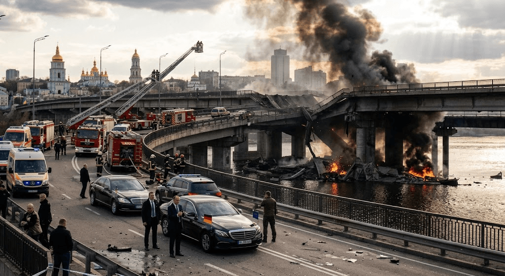 Russian Strike Hits Kyiv Bridge as German Chancellor Friedrich Merz Arrives on Surprise Visit Russian Strike Hits Kyiv Bridge as German Chancellor Friedrich Merz Arrives on Surprise Visit