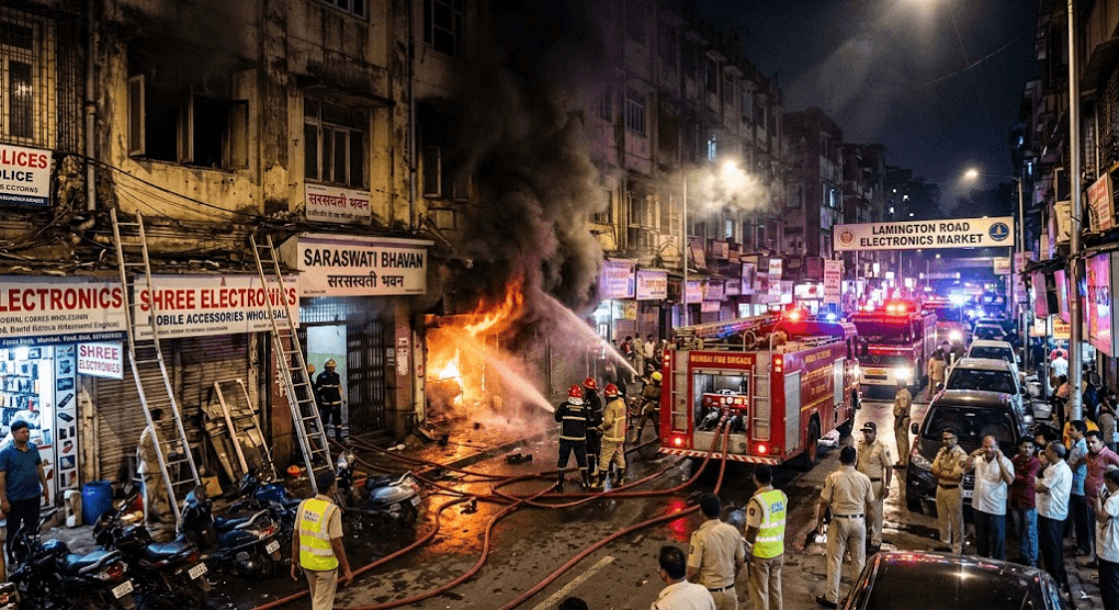 Late-Night Fire Breaks Out at Saraswati Bhavan on Mumbai’s Lamington Road Late-Night Fire Breaks Out at Saraswati Bhavan on Mumbai’s Lamington Road