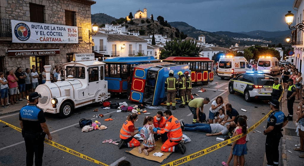 Horror in Málaga: Tourist Train Overturns in Cártama Leaving 18 Injured, Including 9 Children Horror in Málaga: Tourist Train Overturns in Cártama Leaving 18 Injured, Including 9 Children