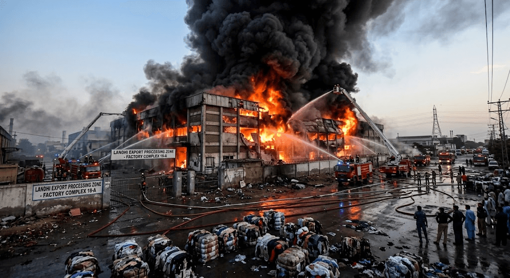 Inferno in Karachi: Massive Fire Destroys Second-Hand Clothing Warehouse in Landhi Export Processing Zone Inferno in Karachi: Massive Fire Destroys Second-Hand Clothing Warehouse in Landhi Export Processing Zone