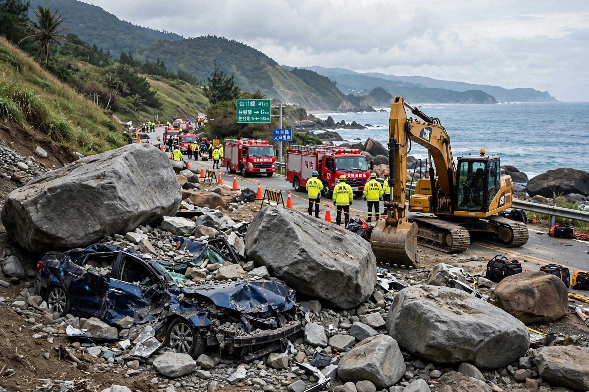 Deadly Rockfall Hits Taitung Highway: Vehicle Crushed, Two Killed as Boulders Block Coastal Road Deadly Rockfall Hits Taitung Highway: Vehicle Crushed, Two Killed as Boulders Block Coastal Road