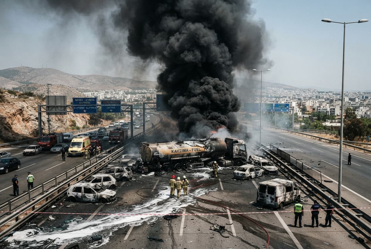 Athens Highway Explosion: Fuel Tanker Blast on Major Transport Route Results in Fatal Casualties Athens Highway Explosion: Fuel Tanker Blast on Major Transport Route Results in Fatal Casualties