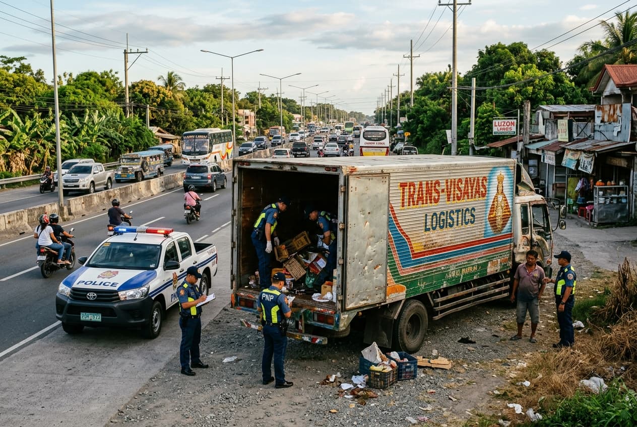 Cargo Truck Hijacked At Gunpoint In Philippines, Officers Chase Suspects, Highway Blocked, Cargo Recovered Cargo Truck Hijacked At Gunpoint In Philippines, Officers Chase Suspects, Highway Blocked, Cargo Recovered