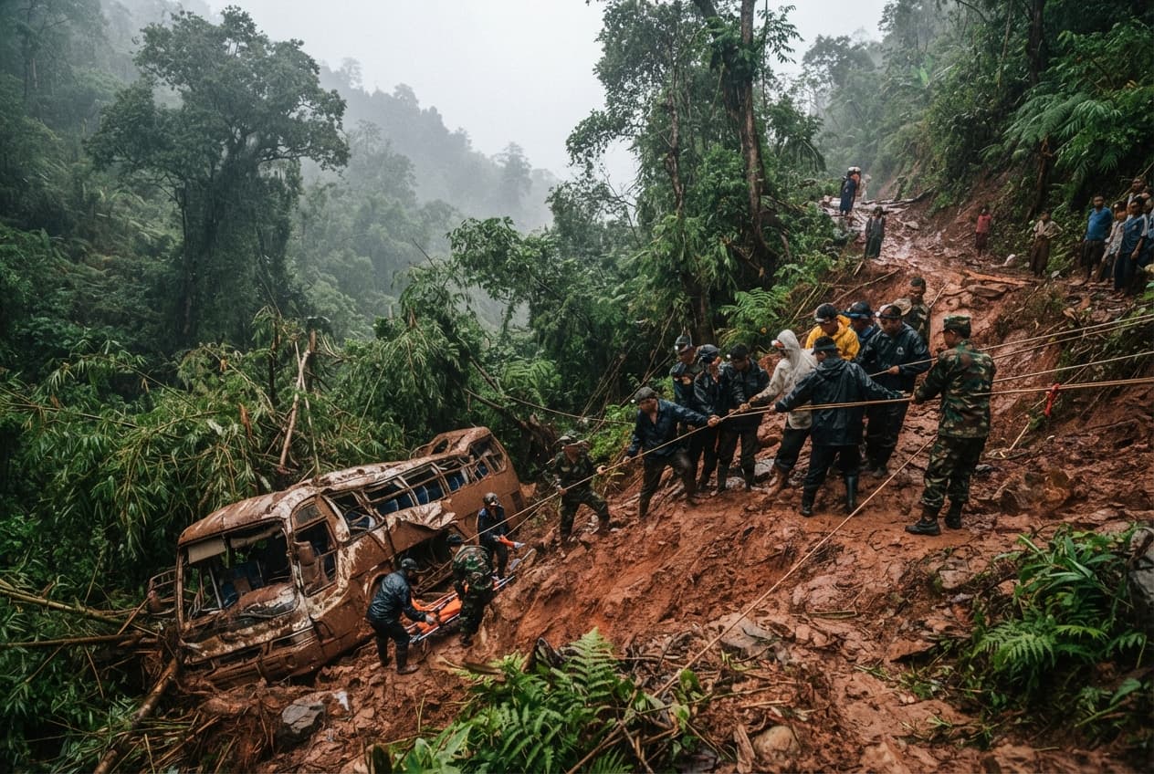 Passenger Bus Skids Off Mountain Pass: Eight Killed as Vehicle Plunges Into Ravine Passenger Bus Skids Off Mountain Pass: Eight Killed as Vehicle Plunges Into Ravine
